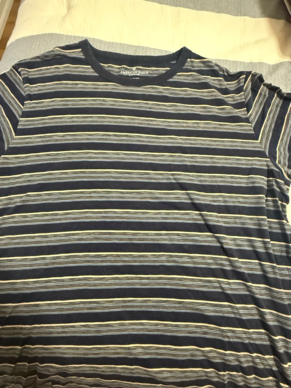 American Eagle Outfitters Navy and Light Gray Striped Crew Tee
